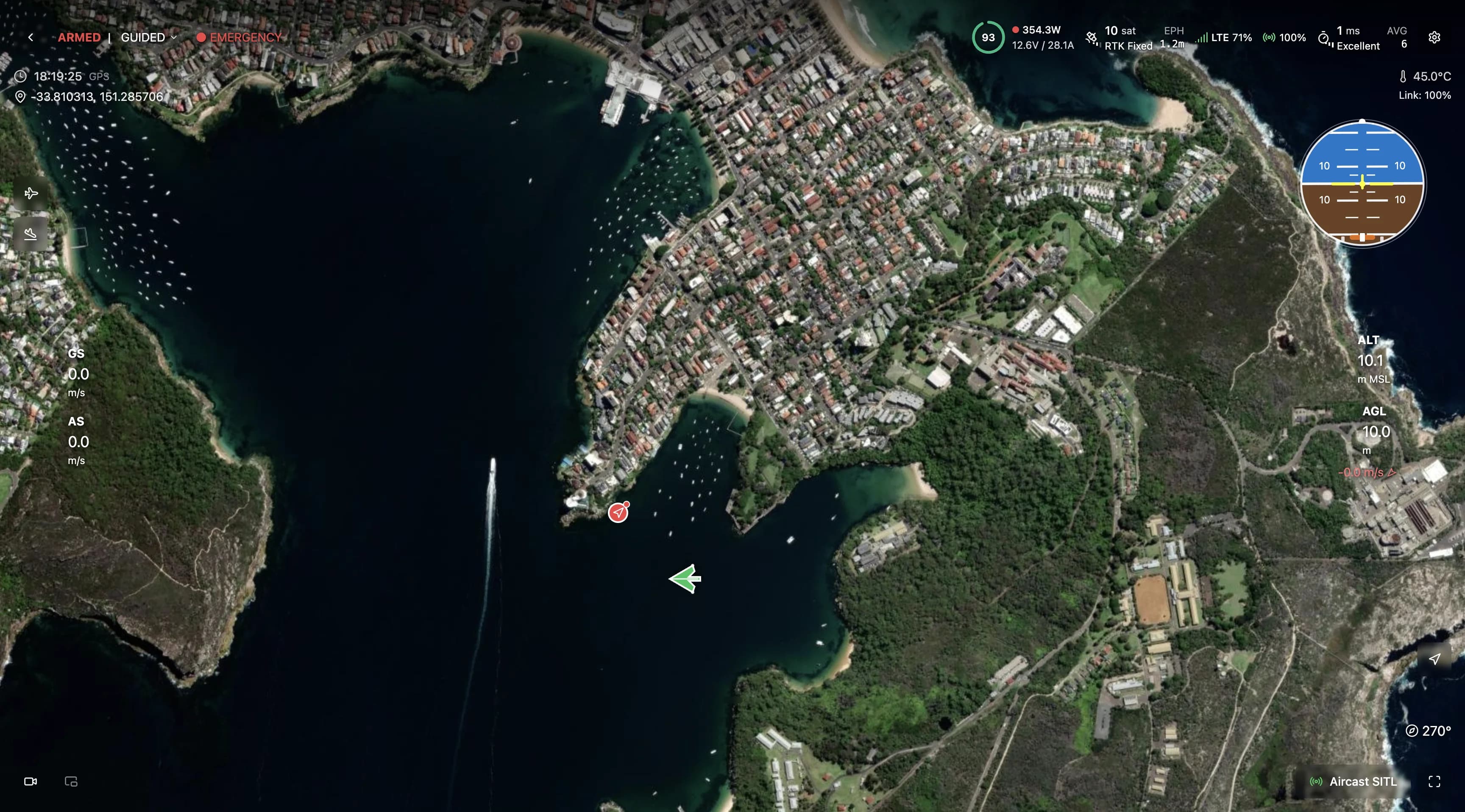 Real-time aerial telemetry view showing drone position and flight data