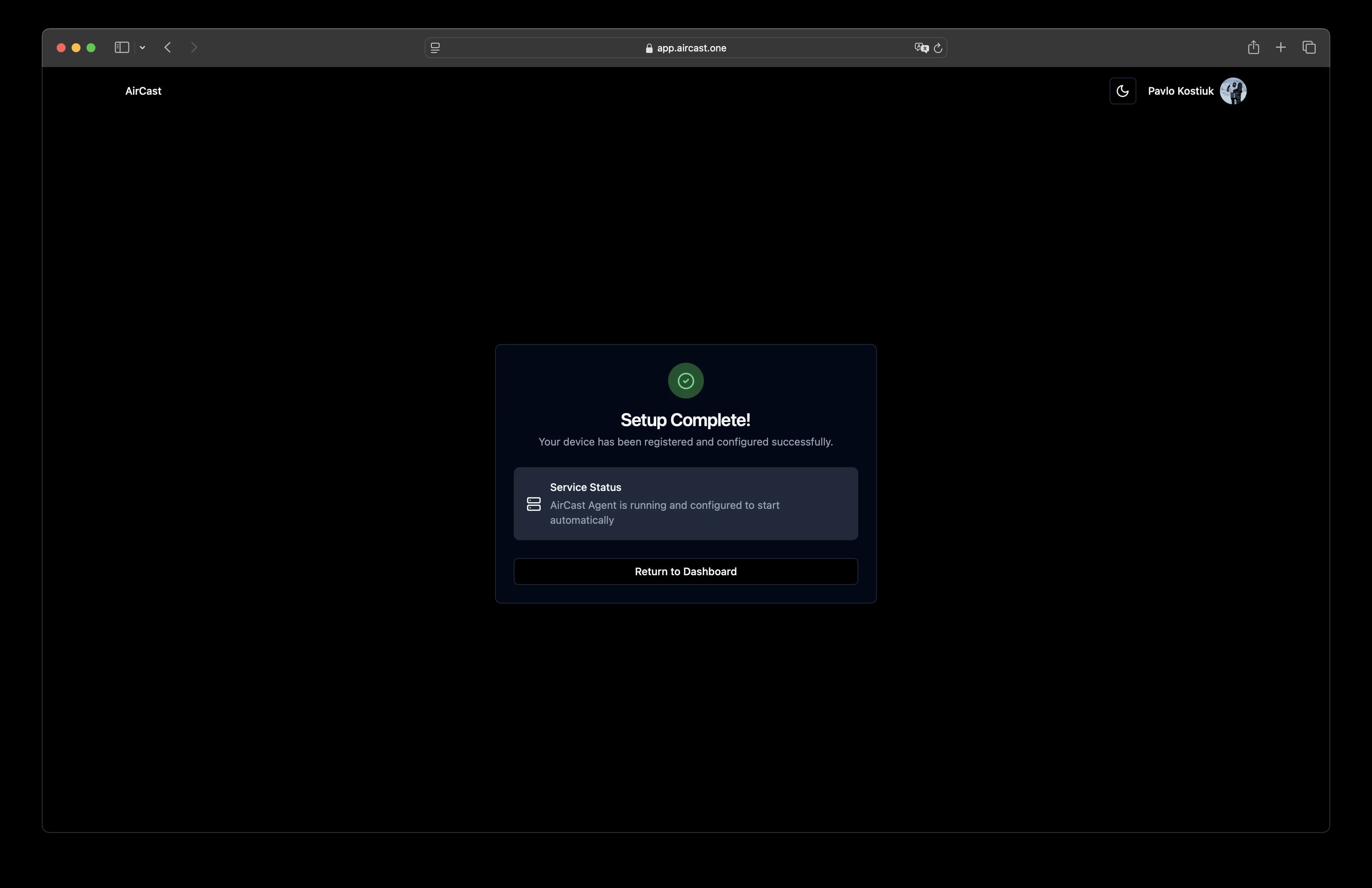 Setup completion screen
