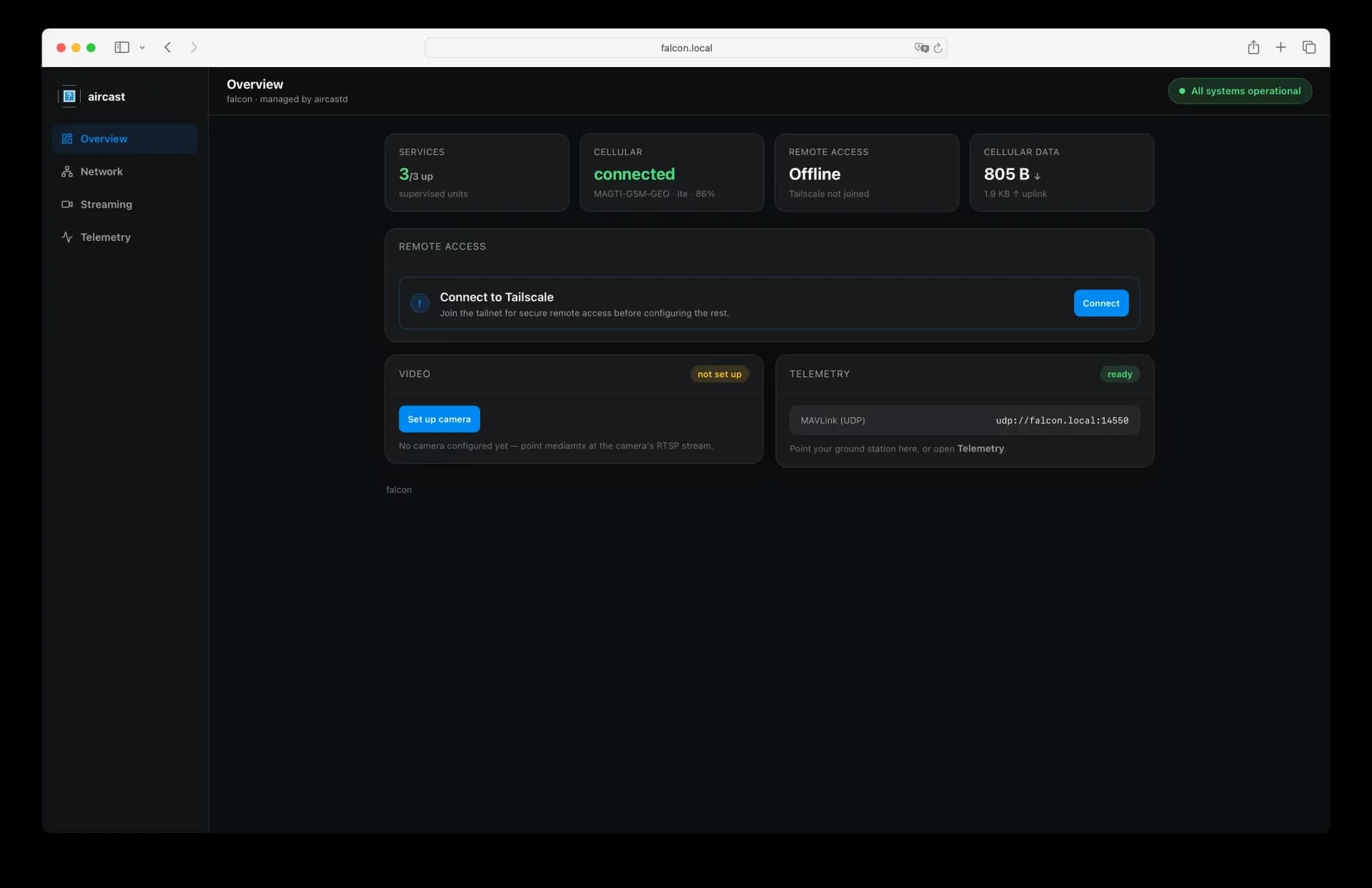 Aircast dashboard Overview on first boot — cellular connected, Tailscale not yet joined, camera not set up