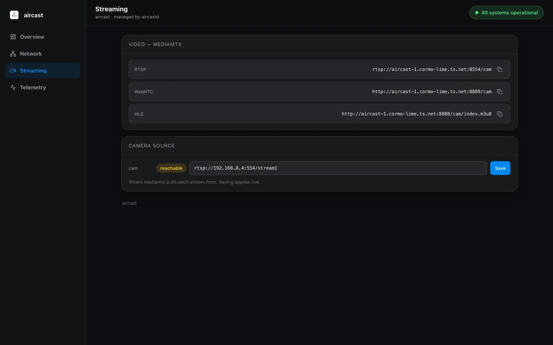 AirCast Streaming page showing the MediaMTX video plane with RTSP, WebRTC, and HLS endpoints