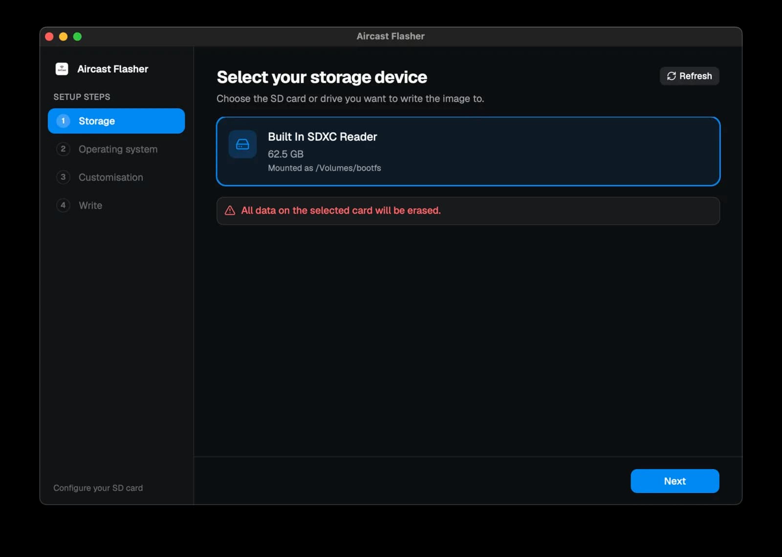 Aircast Flasher — Storage step: selecting the built-in SDXC card reader as the target drive