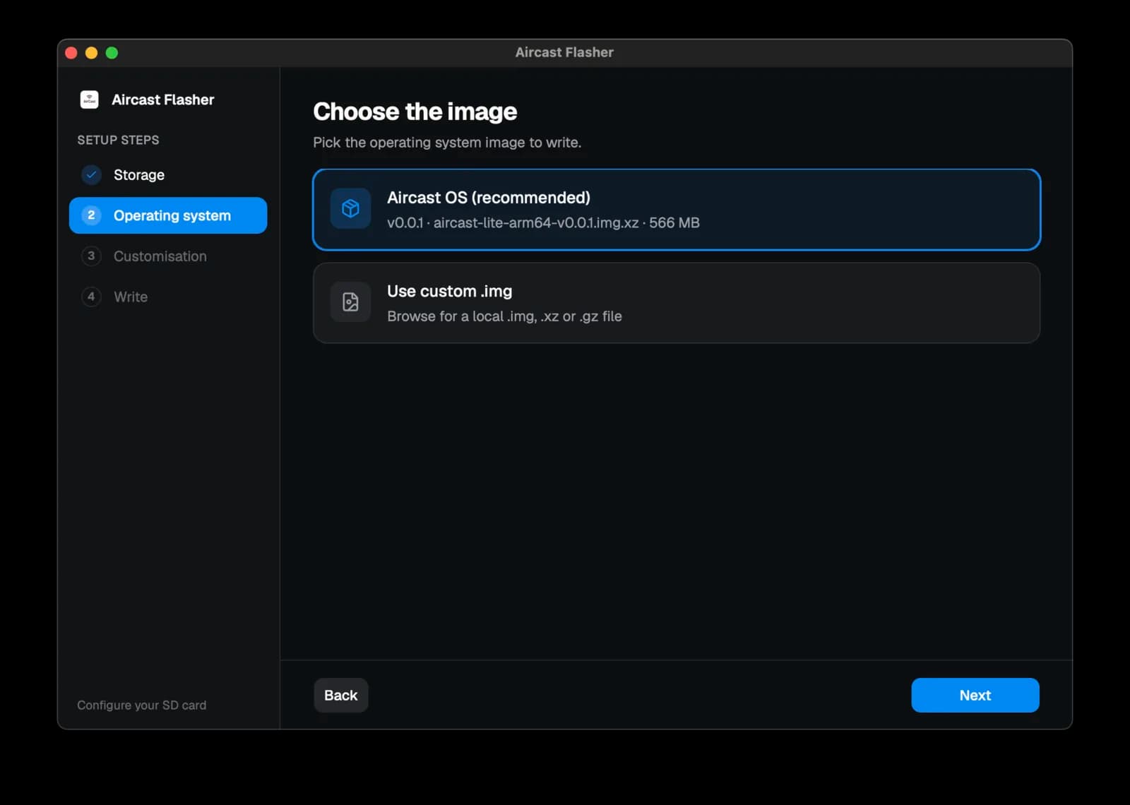Aircast Flasher — Operating system step: Aircast OS (recommended) selected, showing the aircast-lite-arm64 image and size