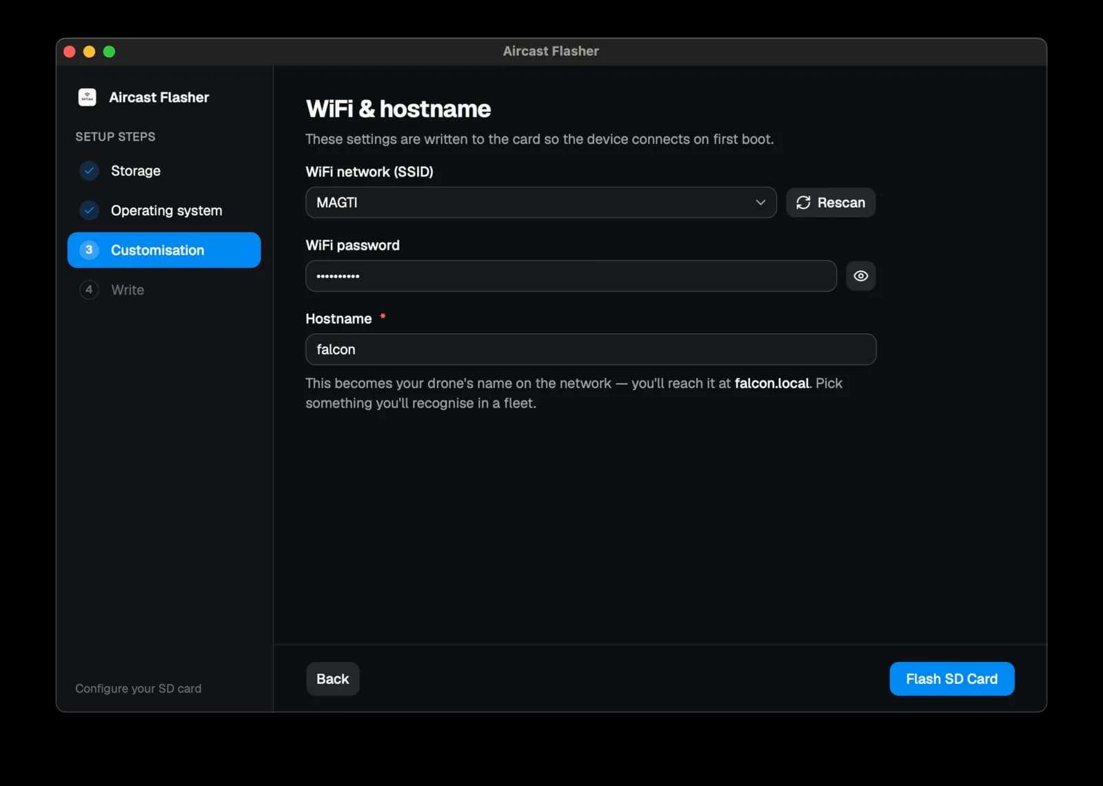 Aircast Flasher — Customisation step: Wi-Fi SSID dropdown, password field, and hostname input that becomes <hostname>.local