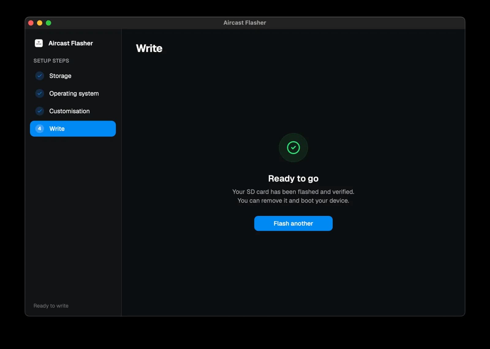Aircast Flasher — Write step: success state confirming the SD card has been flashed and verified