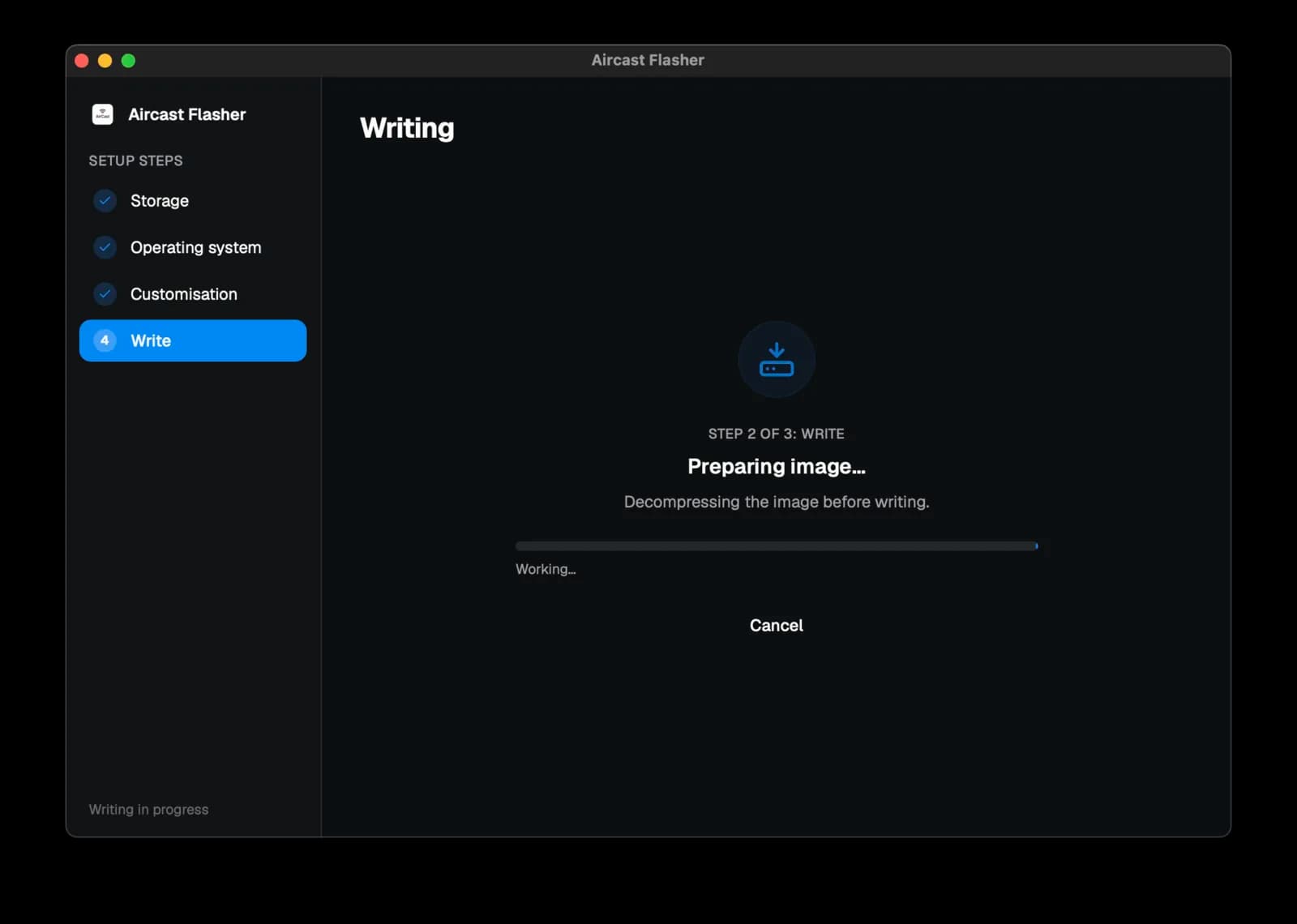 Aircast Flasher — Write step in progress: decompressing the image before writing to the card