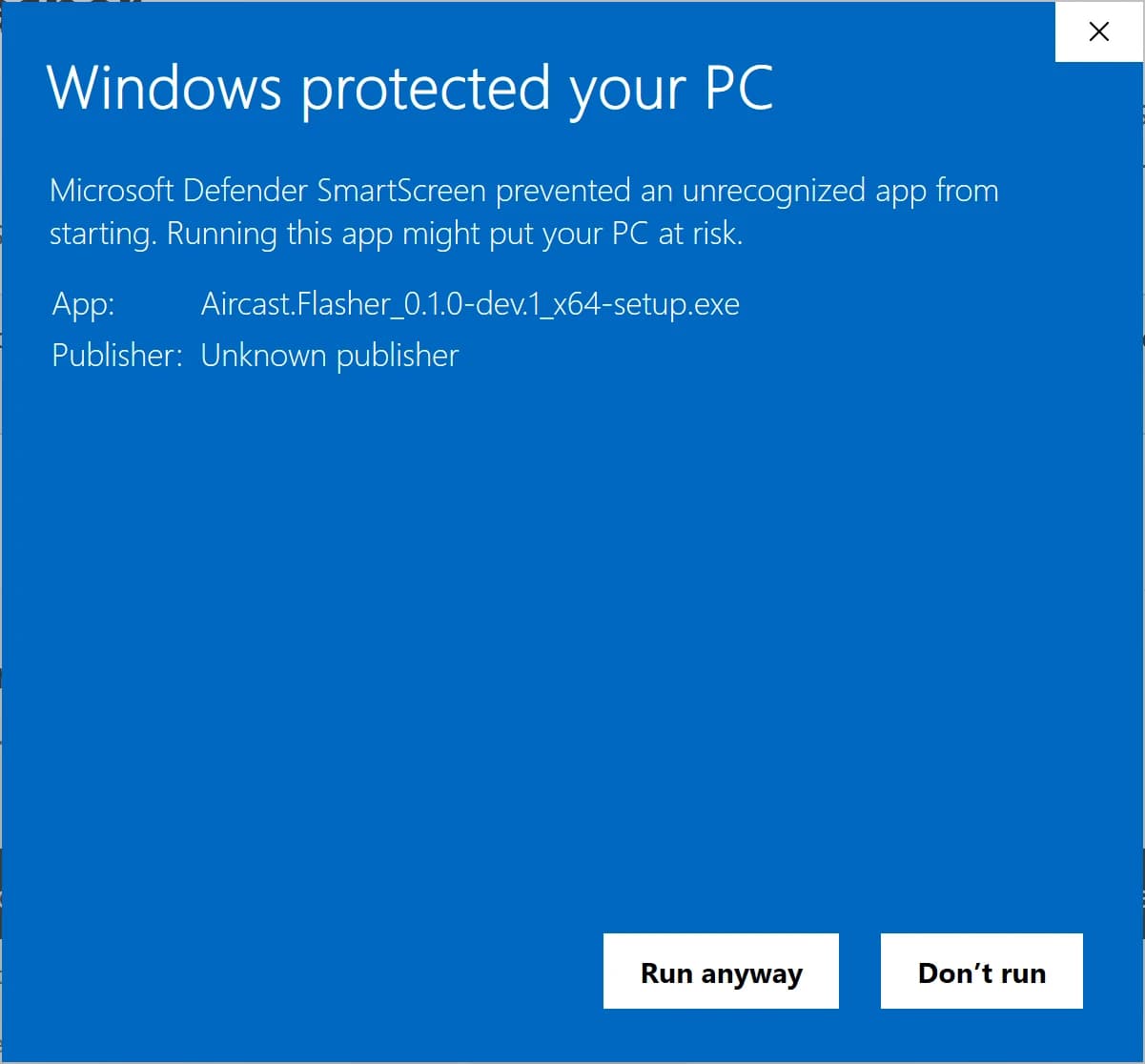 Windows SmartScreen dialog after clicking "More info", showing the Aircast Flasher app name and a "Run anyway" button.