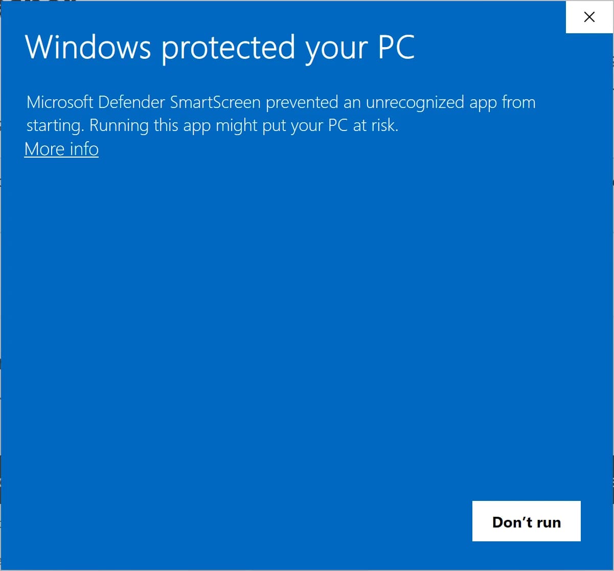 Windows dialog: "Windows protected your PC" — Microsoft Defender SmartScreen prevented an unrecognized app from starting, with a "More info" link.