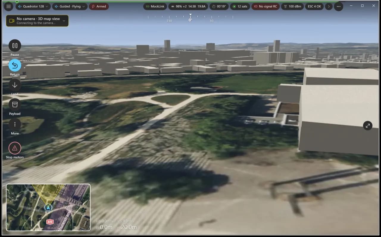 Aircast QGC for Windows in flight: a 3D map view of buildings and parkland, the action rail with Pause, Return, Land, Payload and Stop motors on the left, and the satellite map in the corner.