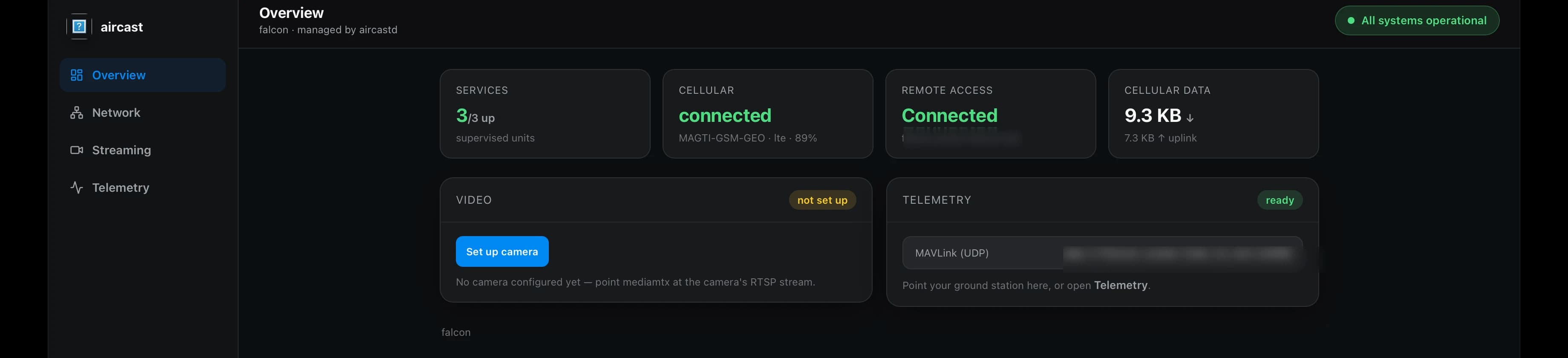 AirCast dashboard Overview: services up, cellular connected, remote access, and one-click camera setup