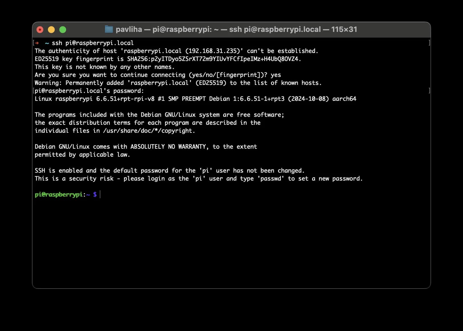 SSH terminal showing login to Raspberry Pi