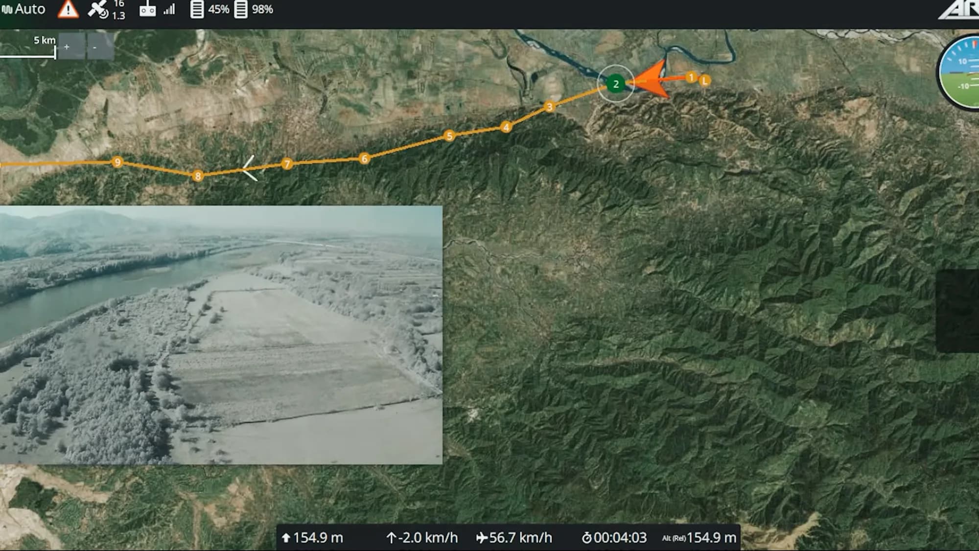 AirCast in a real mission: flight plan on a satellite map with the on-board video feed and live telemetry in one window