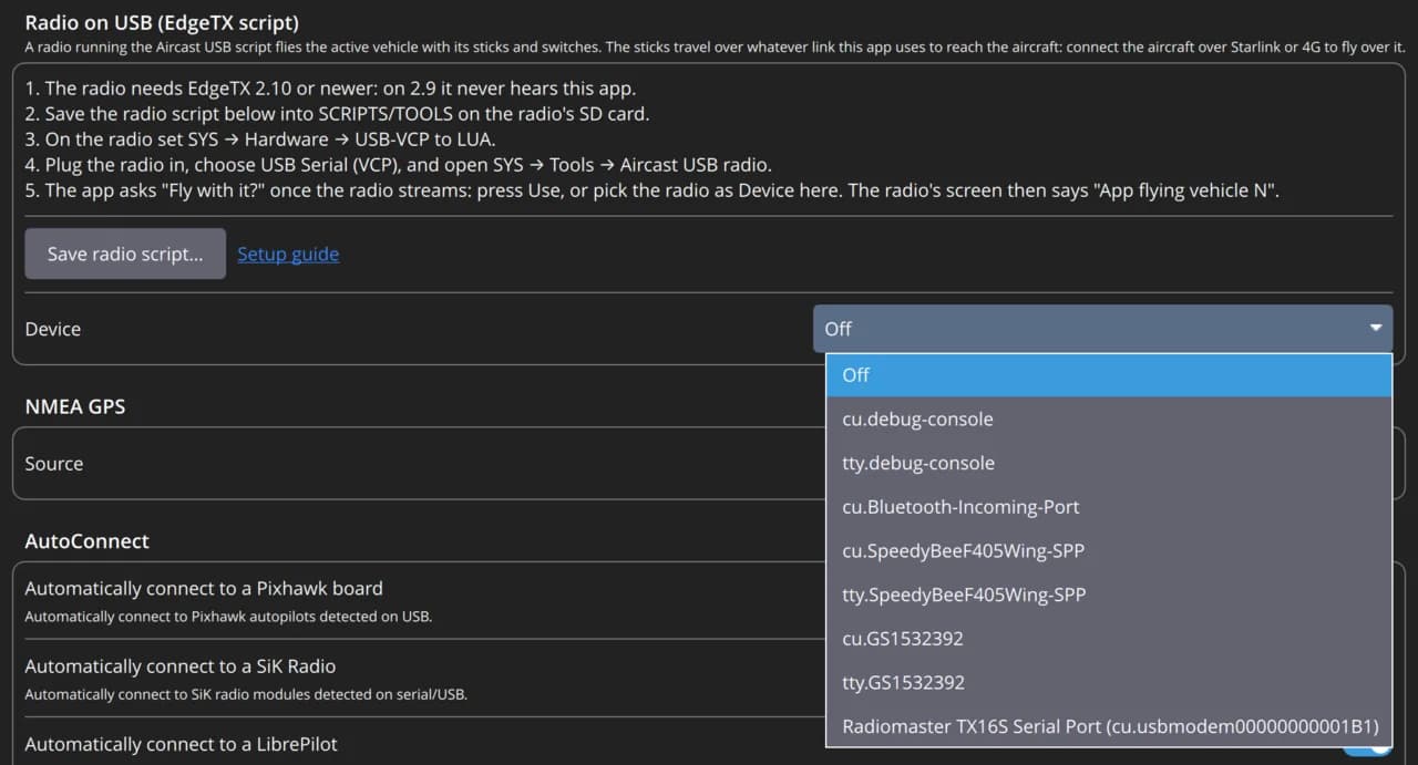 Aircast QGC Comm Links settings with the Radio on USB Device menu open and Radiomaster TX16S Serial Port listed last