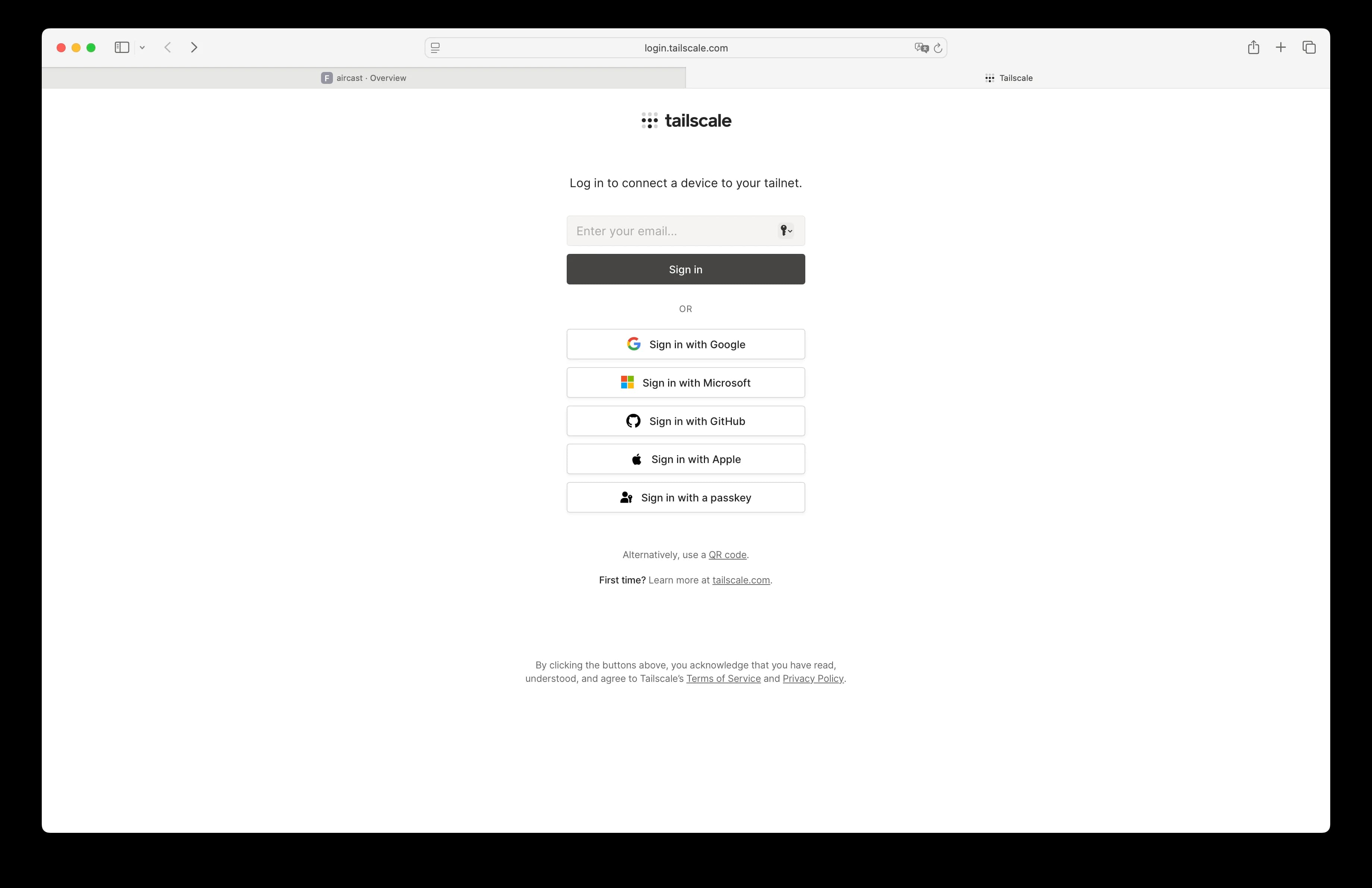 Tailscale login page to connect the device to your tailnet