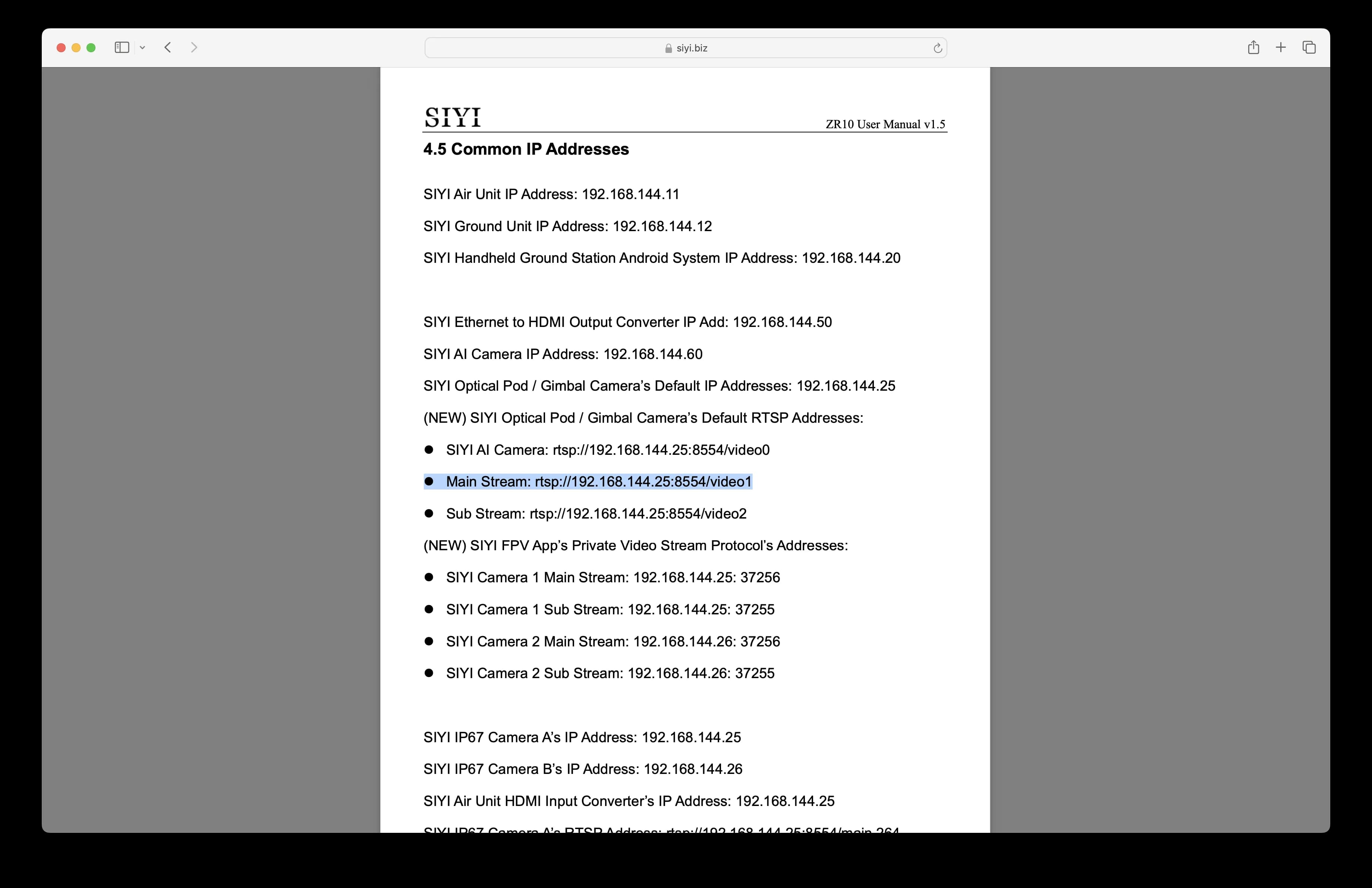 Example of rtsp address in SIYI camera documentation