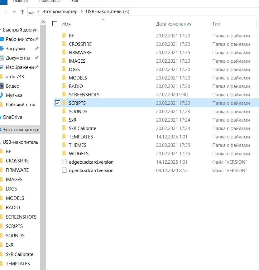 Root of the EdgeTX SD card with the SCRIPTS folder selected
