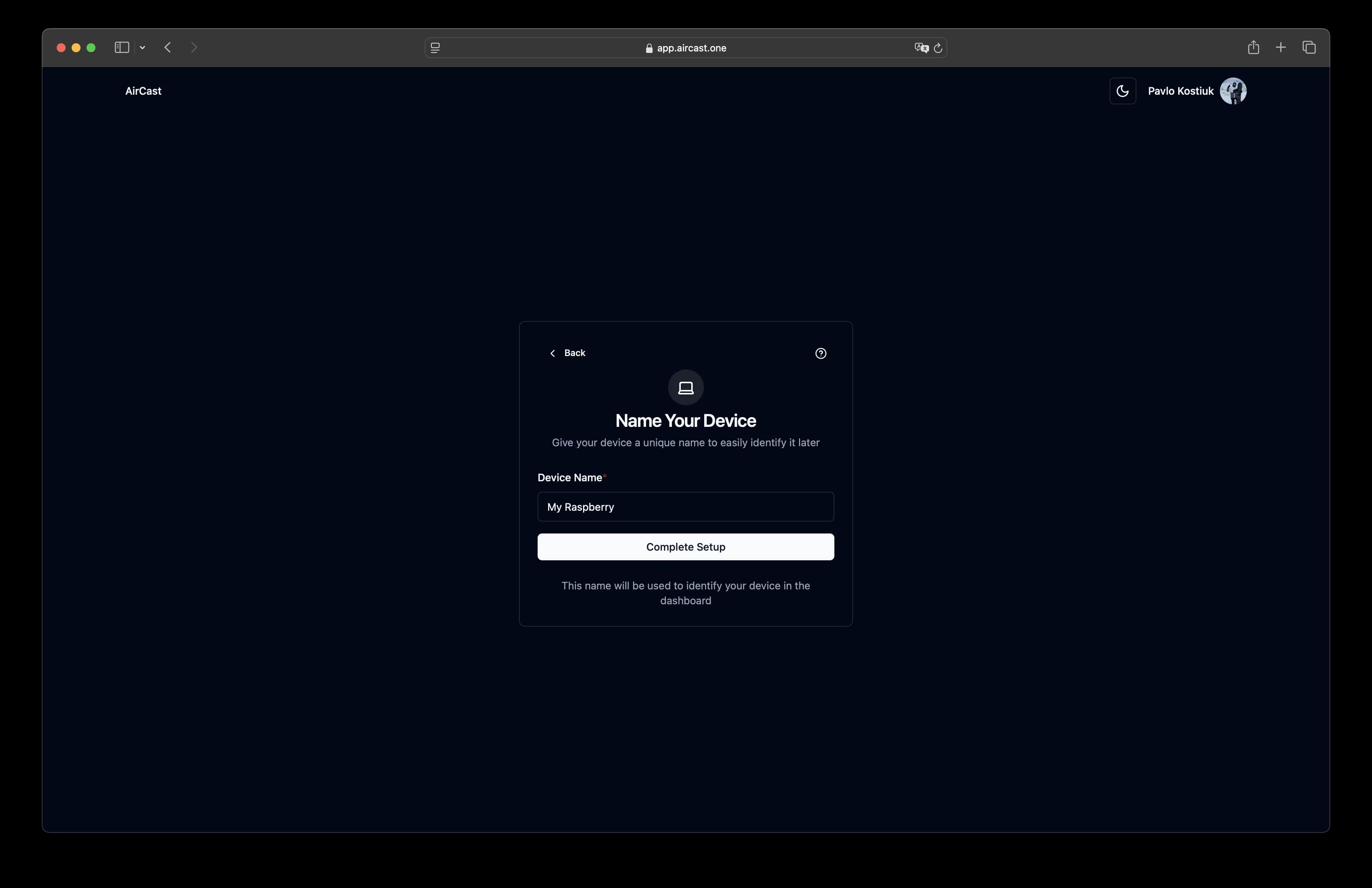Device naming screen in AirCast setup