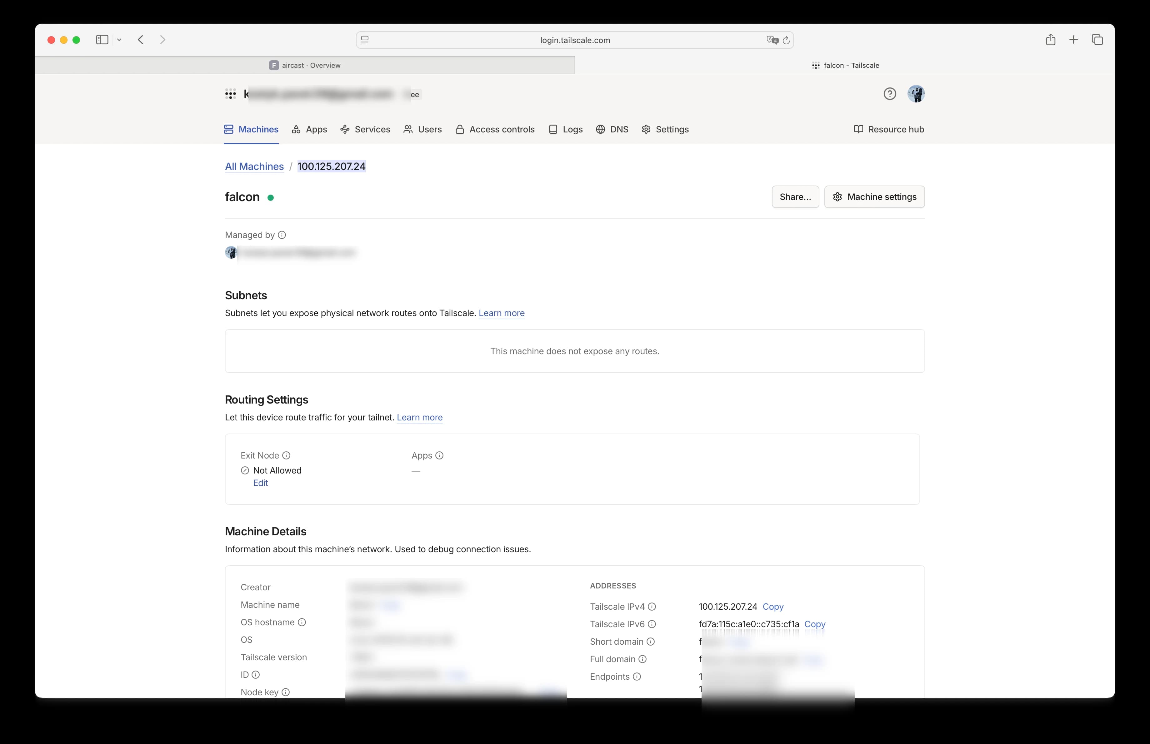 Tailscale admin console machine page for the device, showing its Tailscale IPv4 address under the Addresses panel