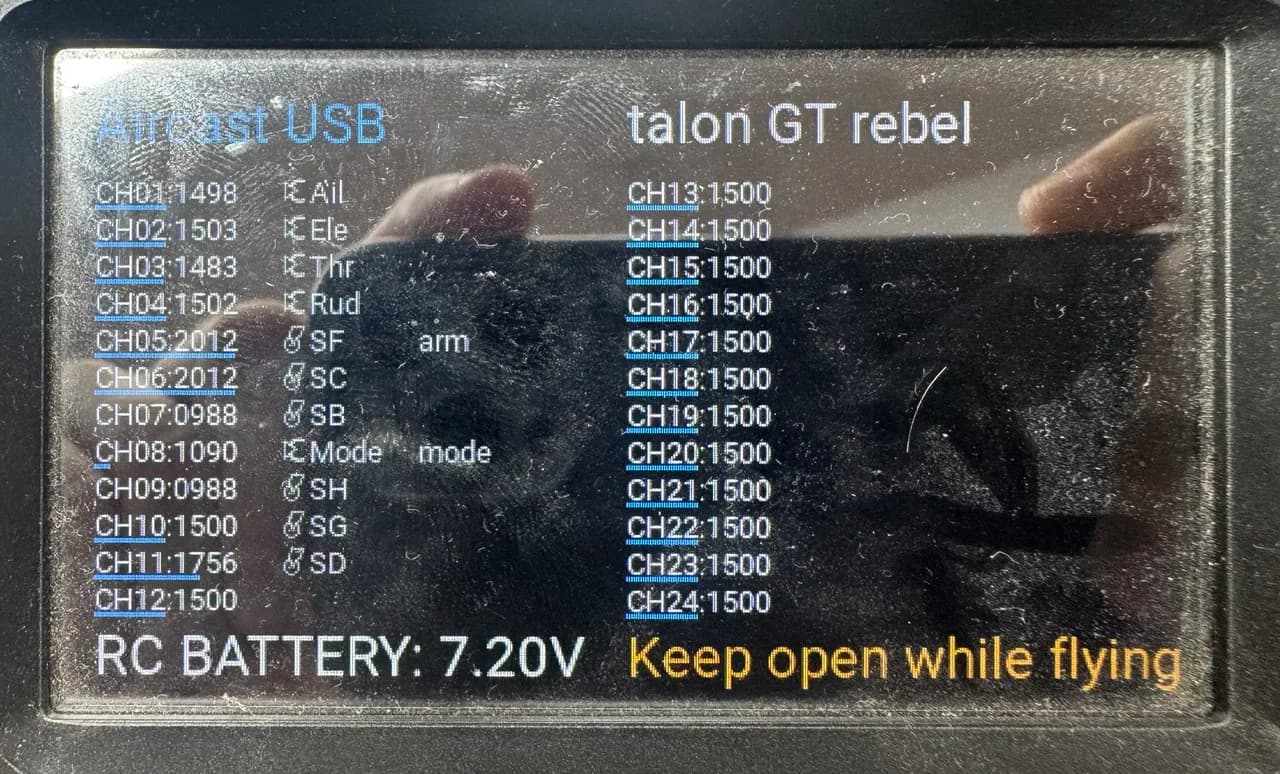 The Aircast USB radio script on a RadioMaster TX16S listing all 24 channels with their live values