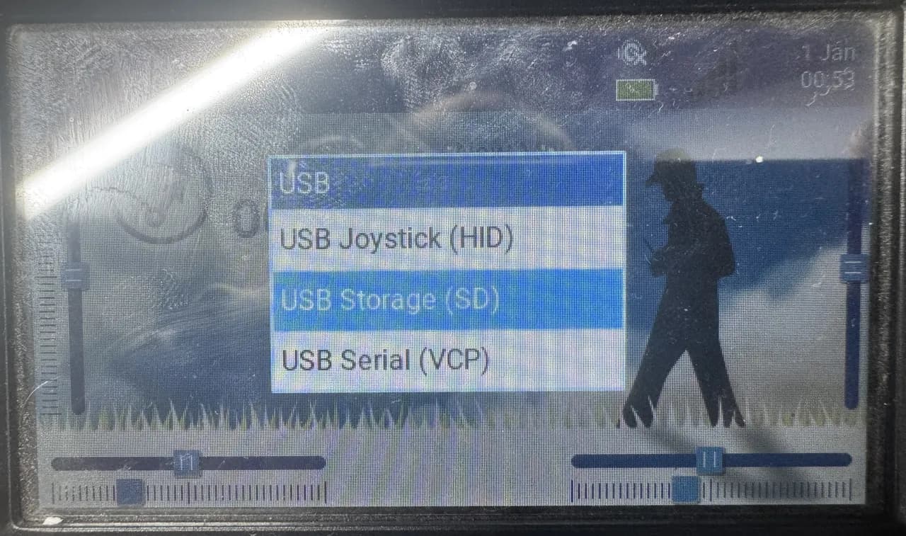 EdgeTX USB menu on a TX16S with USB Storage (SD) selected above USB Serial (VCP)