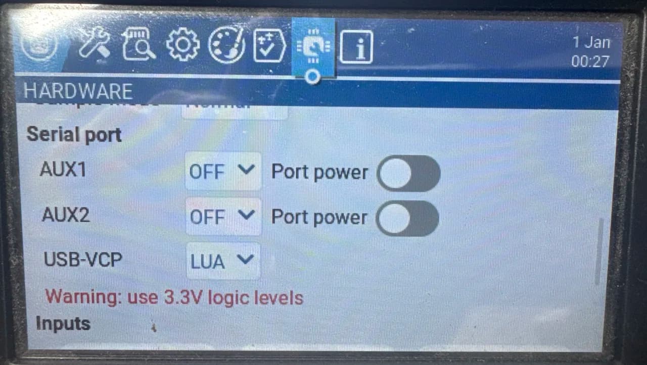EdgeTX Hardware settings on a TX16S with the USB-VCP serial port set to LUA