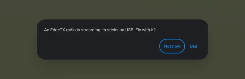 Aircast web app asking: An EdgeTX radio is streaming its sticks on USB. Fly with it? with Not now and Use buttons