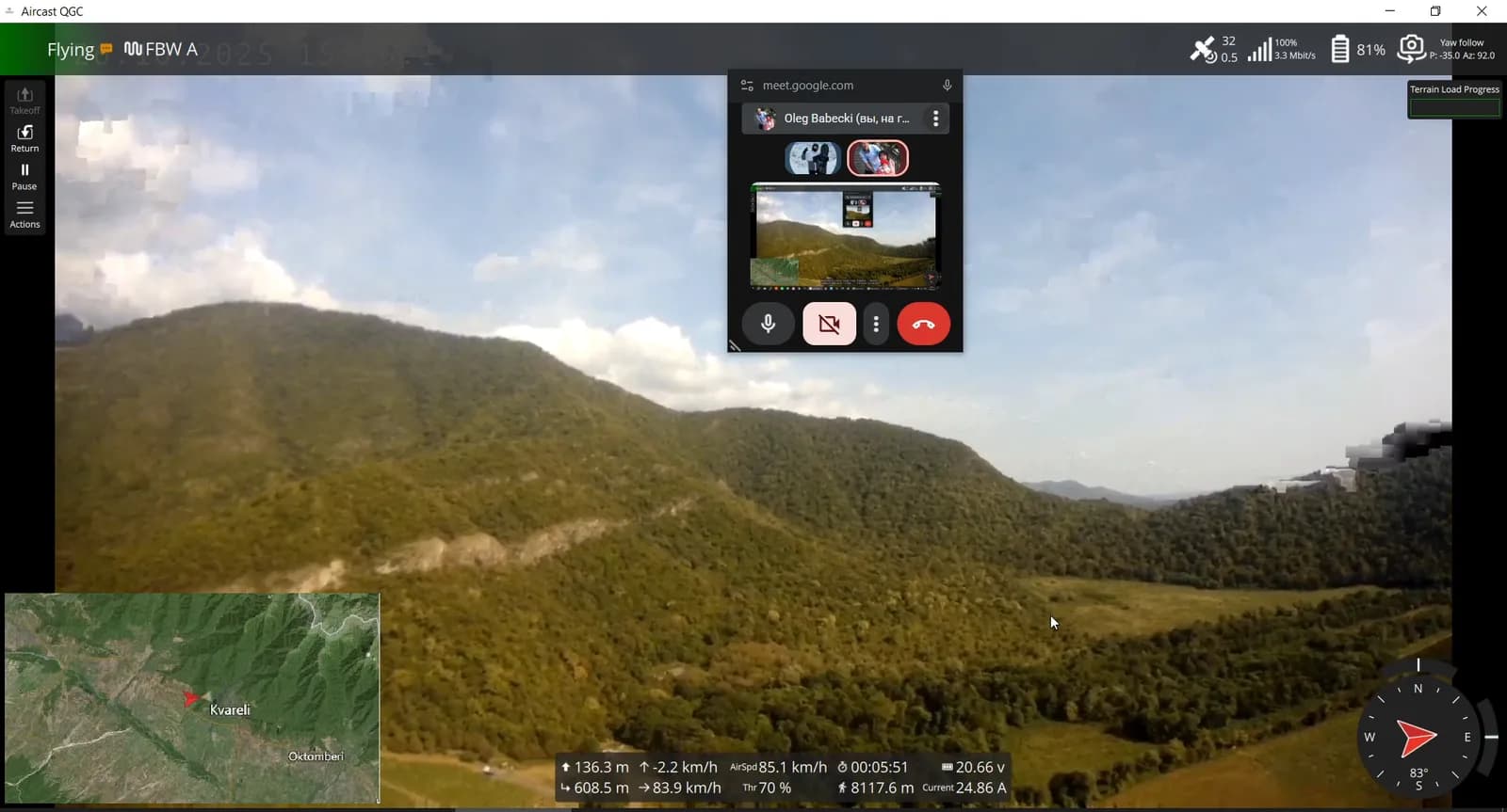 QGroundControl fly view over a forested ridge, map inset showing Kvareli