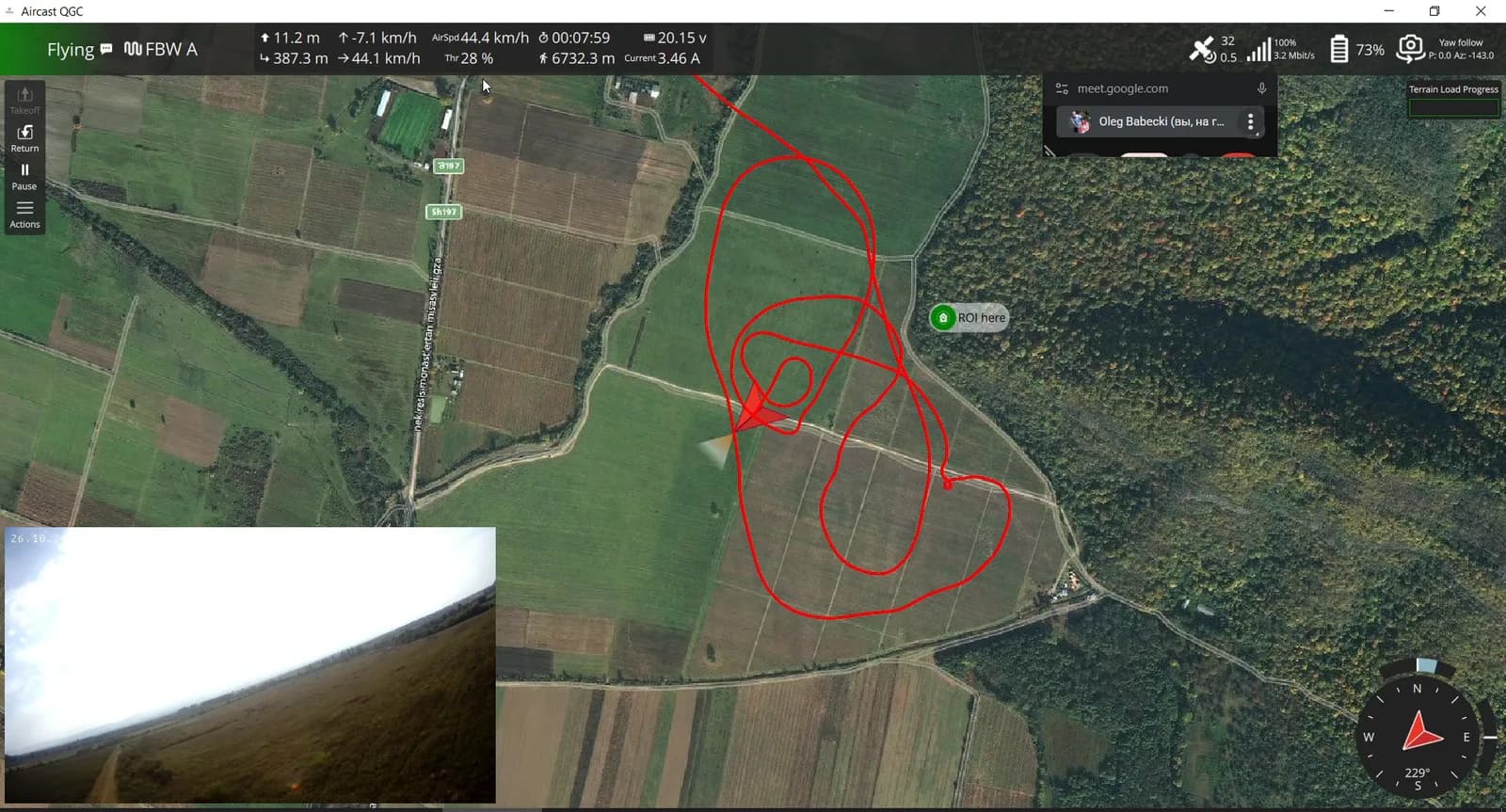 QGroundControl map with red flight path loops over vineyards and the live camera inset