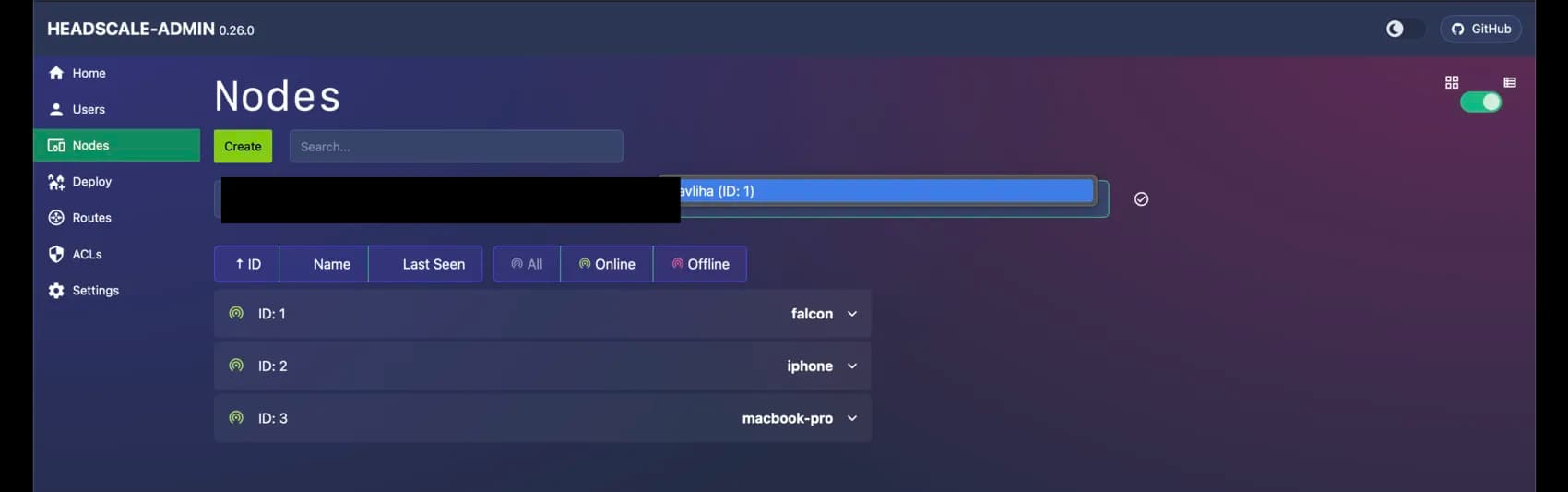 headscale-admin Create node form with a bare hex key pasted (no mkey prefix), which is rejected.