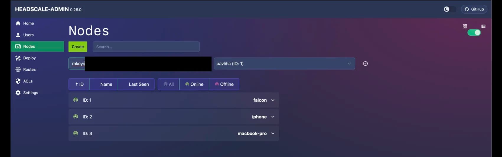 headscale-admin Create node form with the full mkey-prefixed key and a user selected.