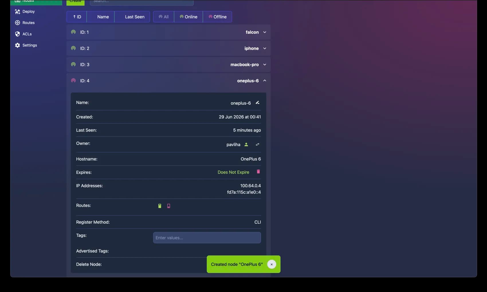 headscale-admin showing a newly created node with its details and a success toast.