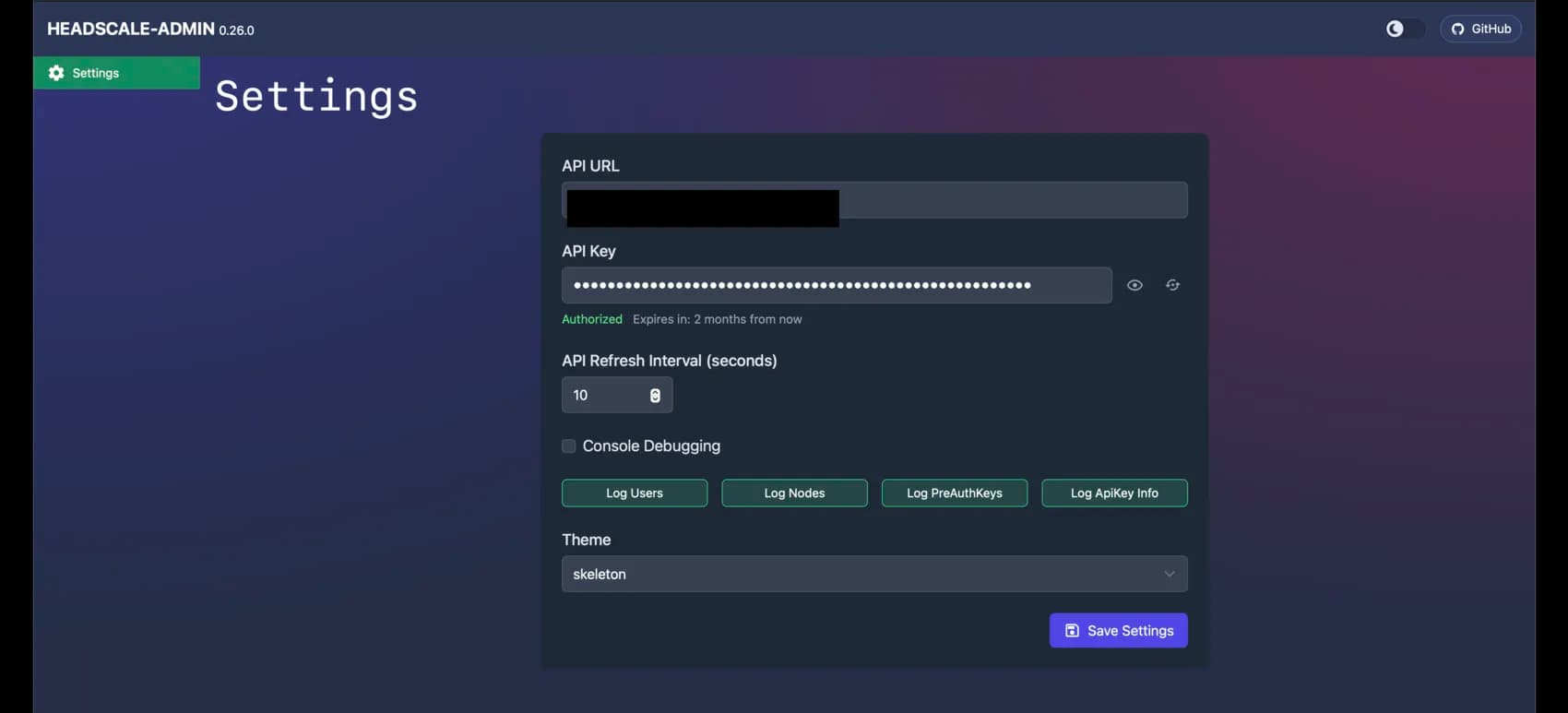 headscale-admin Settings page with the API URL and API key filled in, showing an Authorized status.