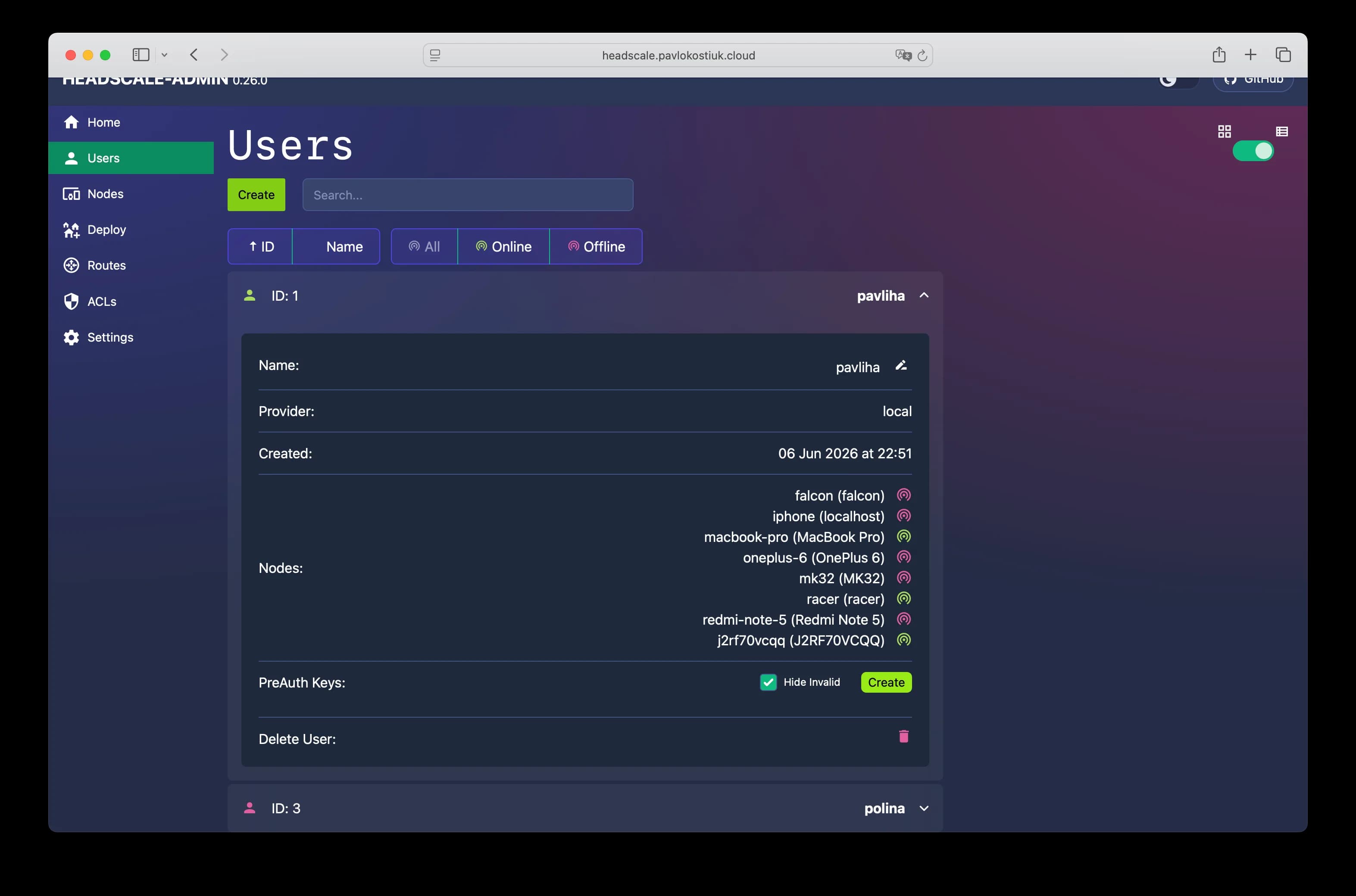 headscale-admin Users tab with a user card expanded, showing its nodes and a PreAuth Keys section with a Create button.