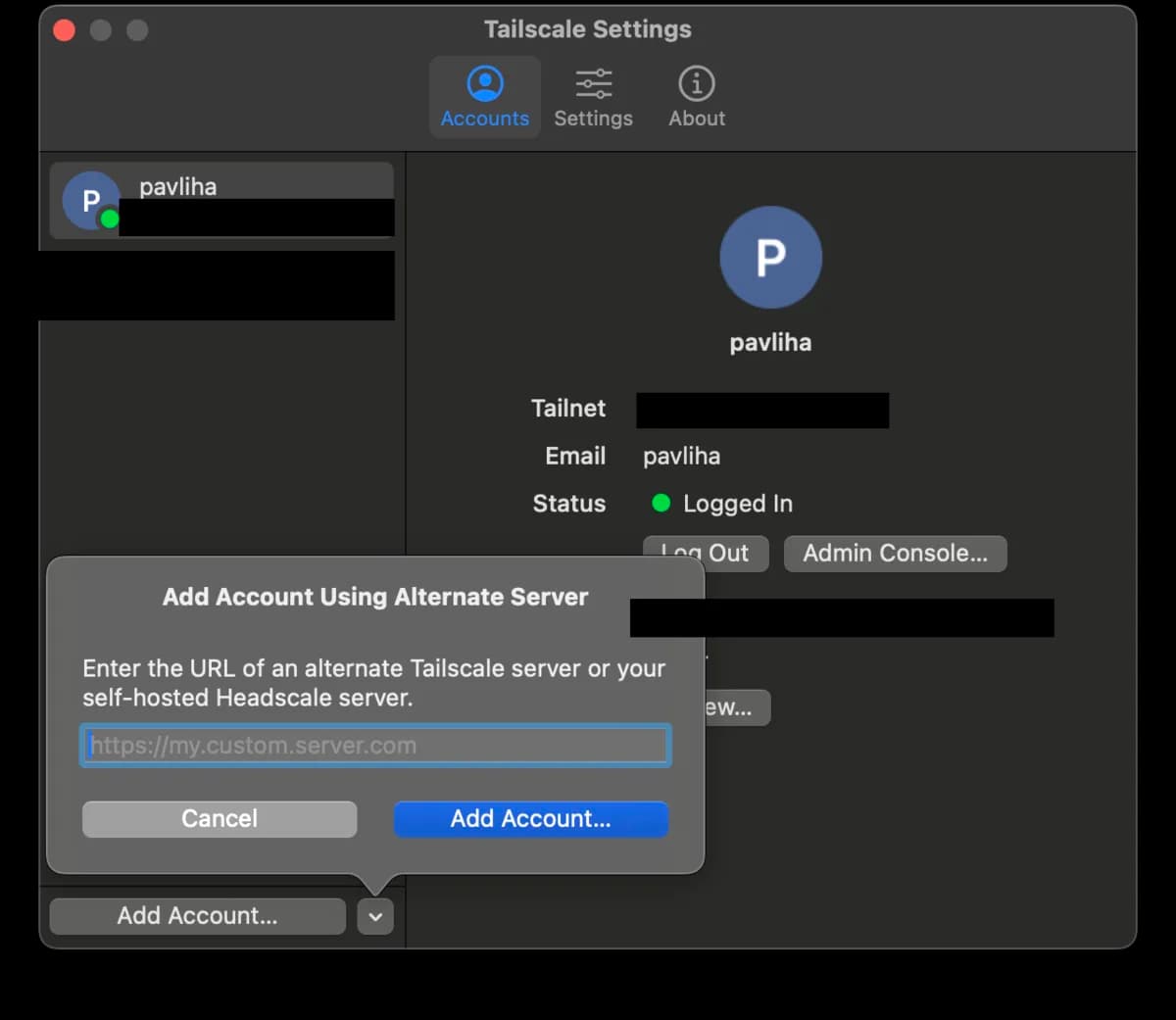 Tailscale macOS app 'Add Account Using Alternate Server' dialog with a custom server URL field.