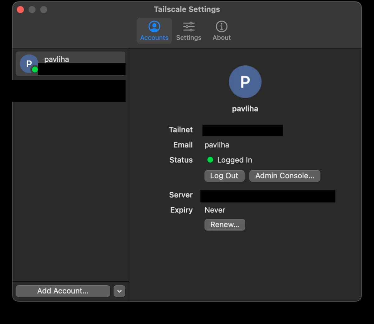 Tailscale macOS app Accounts tab showing a logged-in account whose Server is the self-hosted Headscale.