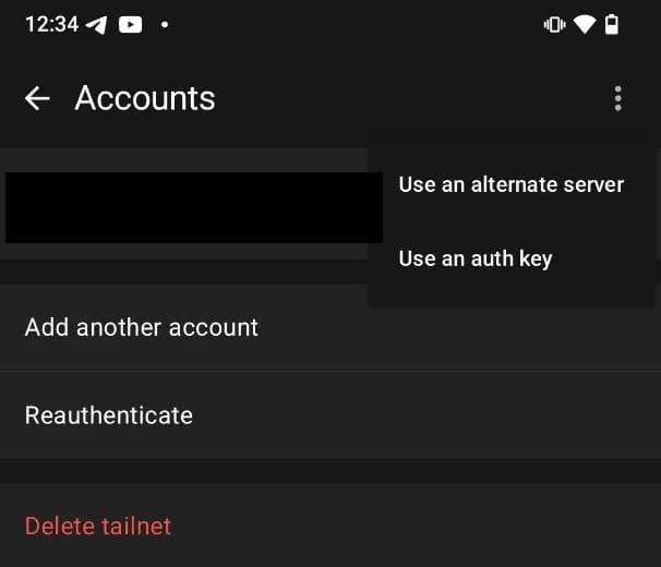 Tailscale app account menu with the 'Use an alternate server' option.