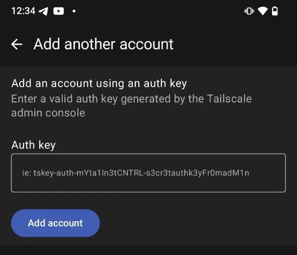 Tailscale mobile app 'Add an account using an auth key' screen with an auth key field.