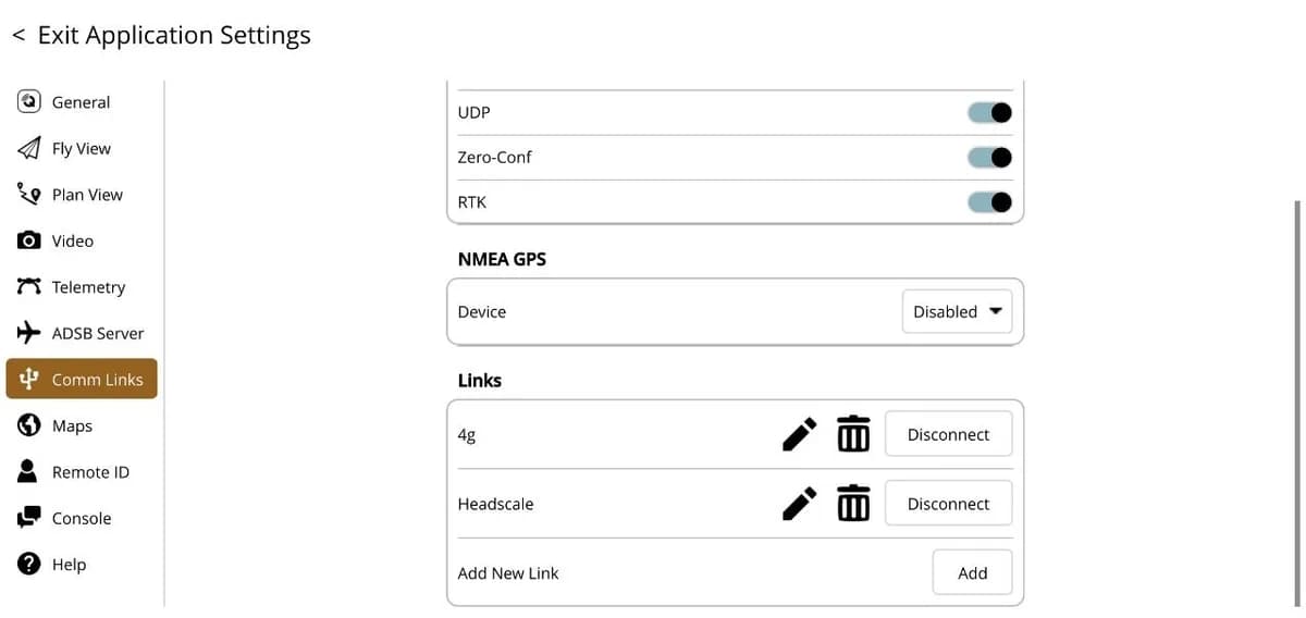 QGroundControl Comm Links list showing a 4g link and a Headscale link, each with a Disconnect button.