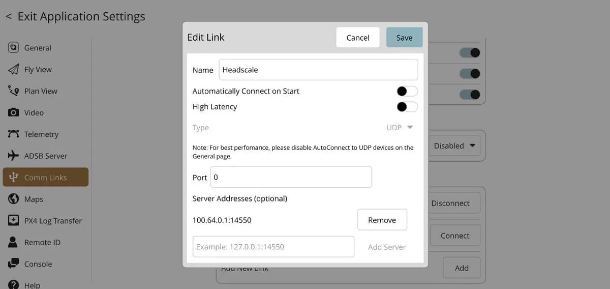 QGroundControl Edit Link dialog: a UDP link named Headscale with server address 100.64.0.1:14550.