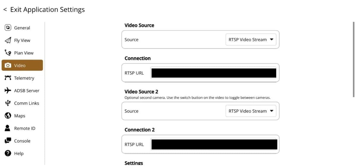 QGroundControl Video settings with RTSP Video Stream sources and RTSP URLs over the tailnet.