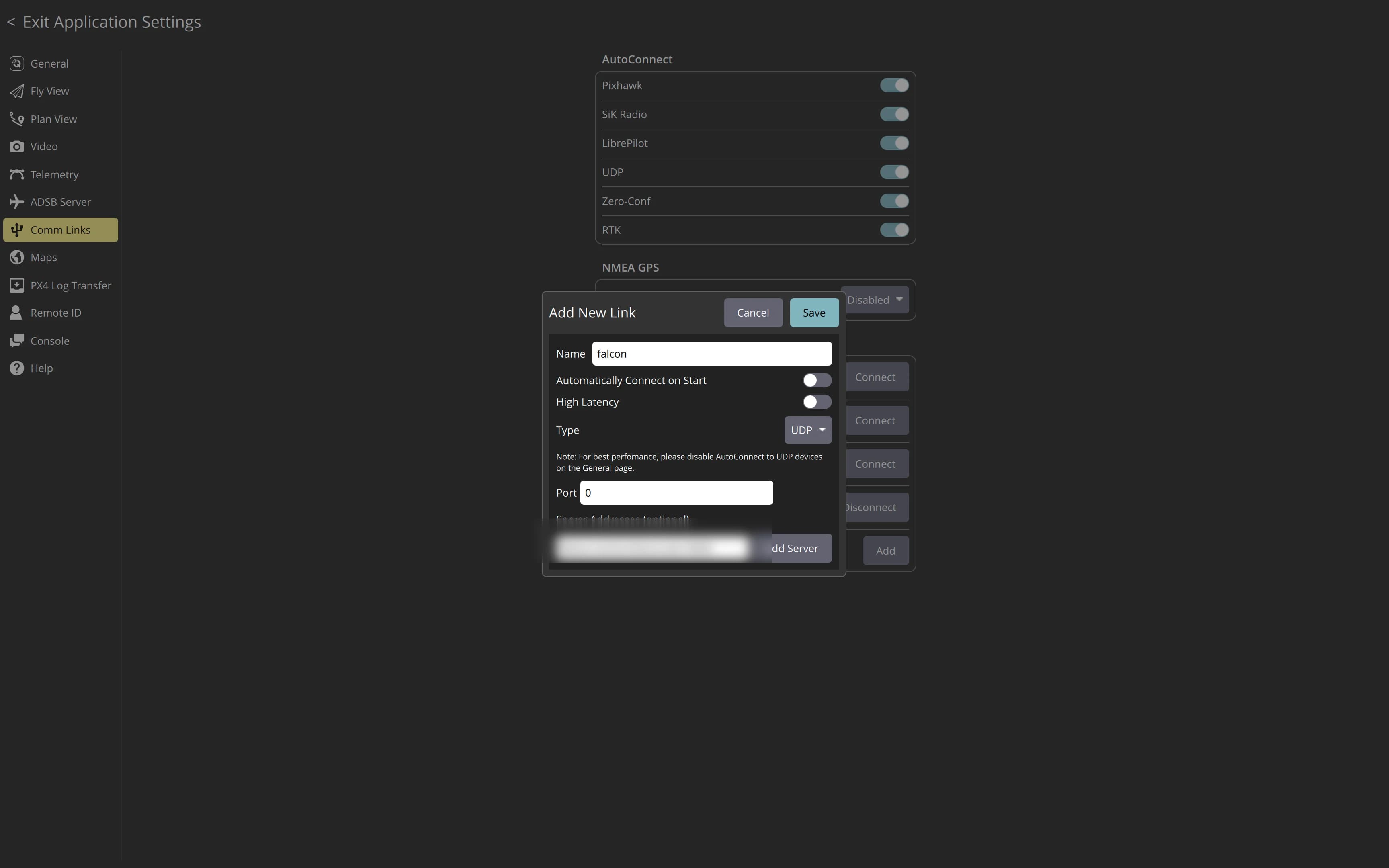 QGroundControl Add New Link dialog: a UDP comm link pointing at the Aircast MAVLink endpoint